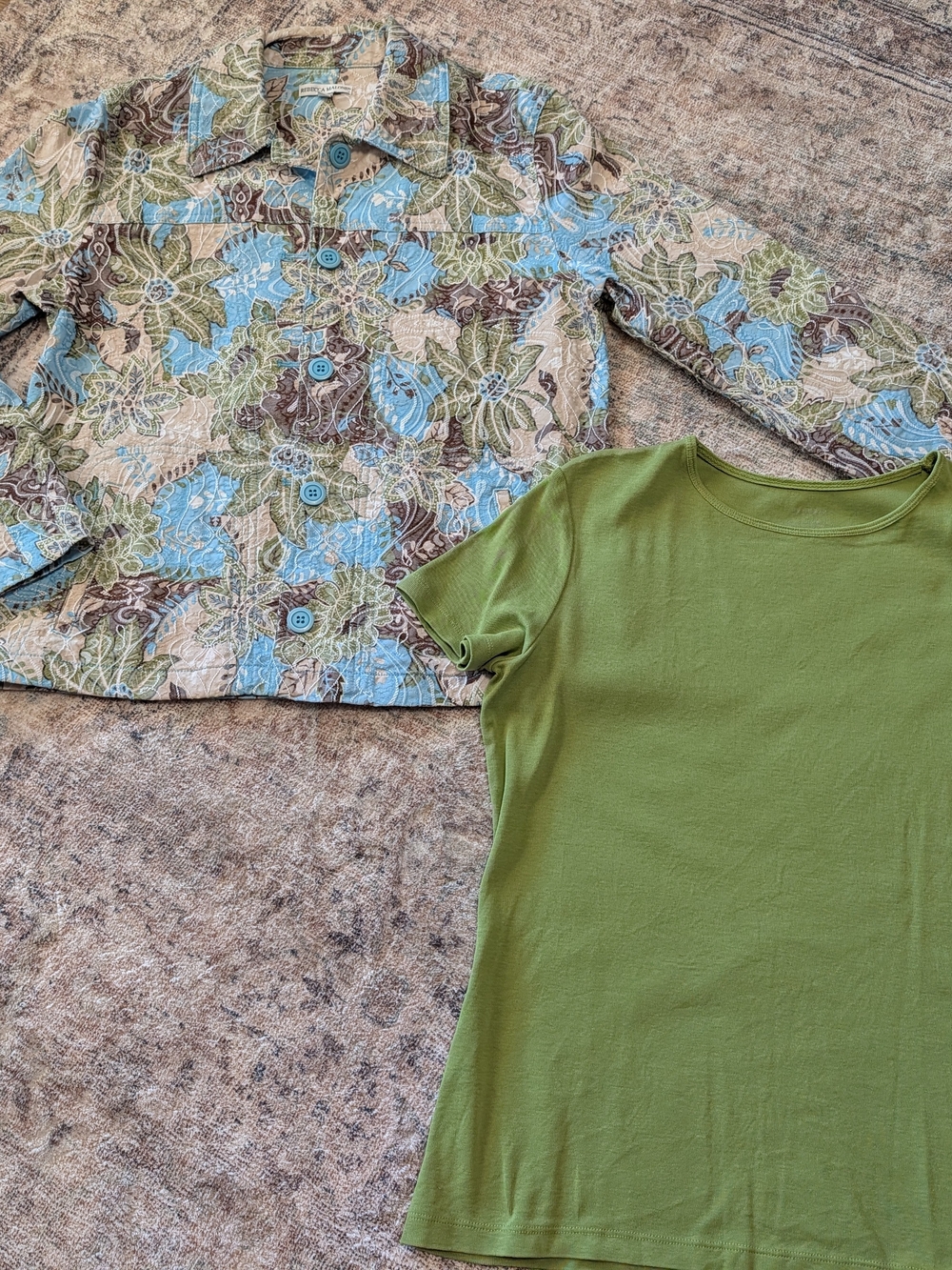 Rebecca Malone Patchwork Floral Jean Jacket in Blue, Green & Brown W/ T-shirt